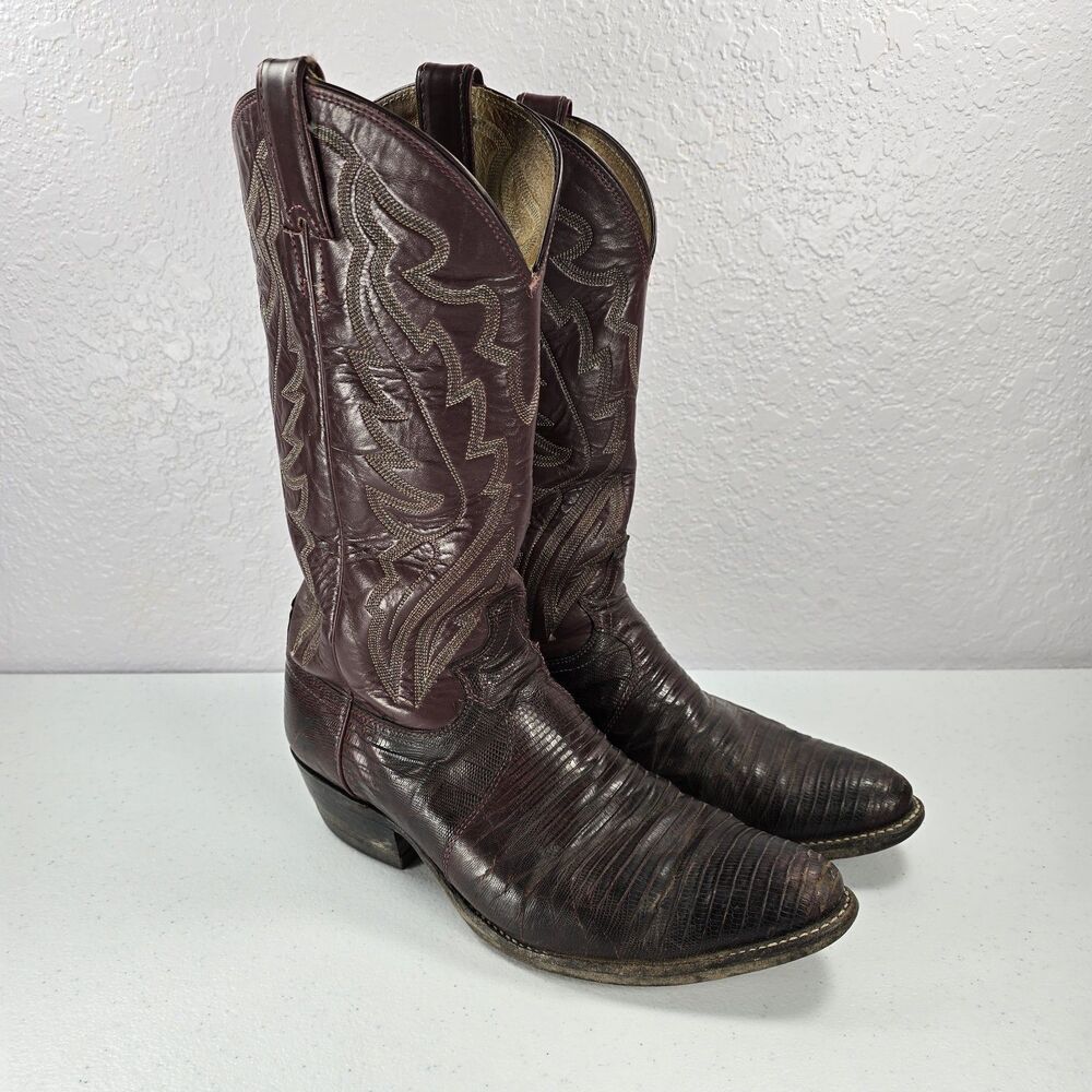 Damaged Justin 8103 Teju Lizard Cowboy Boots Mens 9.5 Oxblood Red Brown Western